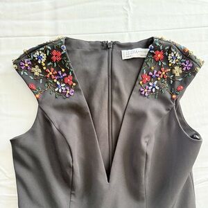 leena Mac Duggal dress 6 Black Formal Maxi Beaded Floral accents glam prom